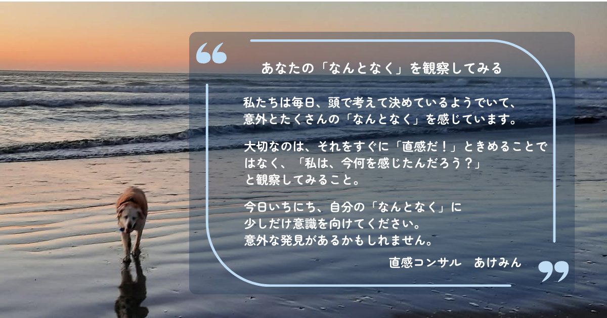 AkemiTeahan's tweet photo. 【���なたの「なんとなく」を観察してみる】
「なんとなく、こっちがいい」
「理由はないけれど、この人とは気が合いそう」
「今日は、この道から行ってみよう」
そんなふうに感じたことはありませんか？
私たちは毎日、頭で考えて決めているようでいて、
意外とたくさんの「なんとなく」を感じています。
大切なのは、それをすぐに
「直感だ！」
と決めることではなく、
「私は今、何を感じたんだろう？」
と観察してみること。
今日一日、自分の「なんとなく」に少しだけ注意を向けてみてください。
意外な発見があるかもしれません。
⋆｡˚ ☁︎ ˚｡⋆｡ ───── ⋆｡˚ ☁︎ ˚｡⋆｡
直感コンサルのあけみんです。
とはいえ、自分のことを
を「直感コンサル」と名乗ることに、
実はまだ少し不思議な感覚があります。

という��も、
数年前までは、ICUナース。
その前は、ロンドンで保険ブローカー

として働いていました。
そんな私がまさか、
「直感」を仕事にする日が来るなんて。
当時の私は、想像すらしていませんでした。

では、なぜ今、
私がいま「直感コンサル」として

活動しているのか？

そのきっかけは、
人生が大きく揺らいで時期に起きた、
ある不思議な出来事でした。

枕元に現れた、
私の守護霊である祖母。
その祖母に背中を押されたことから、

私の人生は、それまでとは違う方向へ
動き始めました。

当時の私は、
原因不明の病で突然倒れ、
数か月に渡る療養生活を

送っていました。
症状から、
MS、パーキンソン病
あるいは、自己免疫疾患ではないかと

色々な可能性が頭をよぎりましたが、
結局、今に至るまで
原因はわかっていません。
けれど、その療養期間は、
私にとって単に「��気で休んでいた時間」
ではありませんでした。

立ち止まらざるを得なくなったことで、
これまで��人生を振り返り、
自分の内側と深く向き合う時間が

少しずつ増えていったのです。
そして気づけば、
自分の中で何かが変わり始めていました。
そんなある日、

私は、はっきりと思いました。
「もう、看護師として以前の生活に戻るのは、

肉体的にも精神的にも無理！
そして、戻りたくない！」

不思議なことに、
それを認めた瞬間から、
人生が一気に動き始めました。

まず、首都に合った家を売却。
車で1時間ほど離れた海辺の町へ移住し、
持ち物も暮らしも

思い切ってダウンサイズしました。

それまで積み上げてきたものを手放し、
人生そのものを
一度シンプルにしてみることにしたのです。

今振り返ると、
それは単なる引っ越しではなく、
私にとって、

新しい人生への入り口だったのだと
思います。
これから、私の直感コンサルとしての
人生の変化を少しずつ
ご紹介していきたいと思います。

⋆｡˚ ☁︎ ˚｡⋆｡ ───── ⋆｡˚ ☁︎ ˚｡⋆｡

#直感
#何となく
#予感
#虫の知らせ
＃量子力学