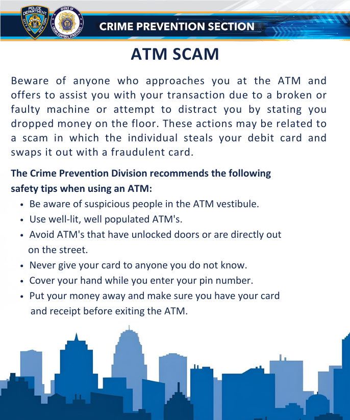 NYPDPSA4's tweet photo. Use of ATM skimming devices are on the rise! 🏧 Always "tug" the card reader before inserting your card. 🏧 Always cover the keyboard when typing your PIN Number. 🏧 Most devices are usually attached by double-sided tape. 🏧 If you find a skimming device, call 911 immediately! https://t.co/vTZXozIsYk