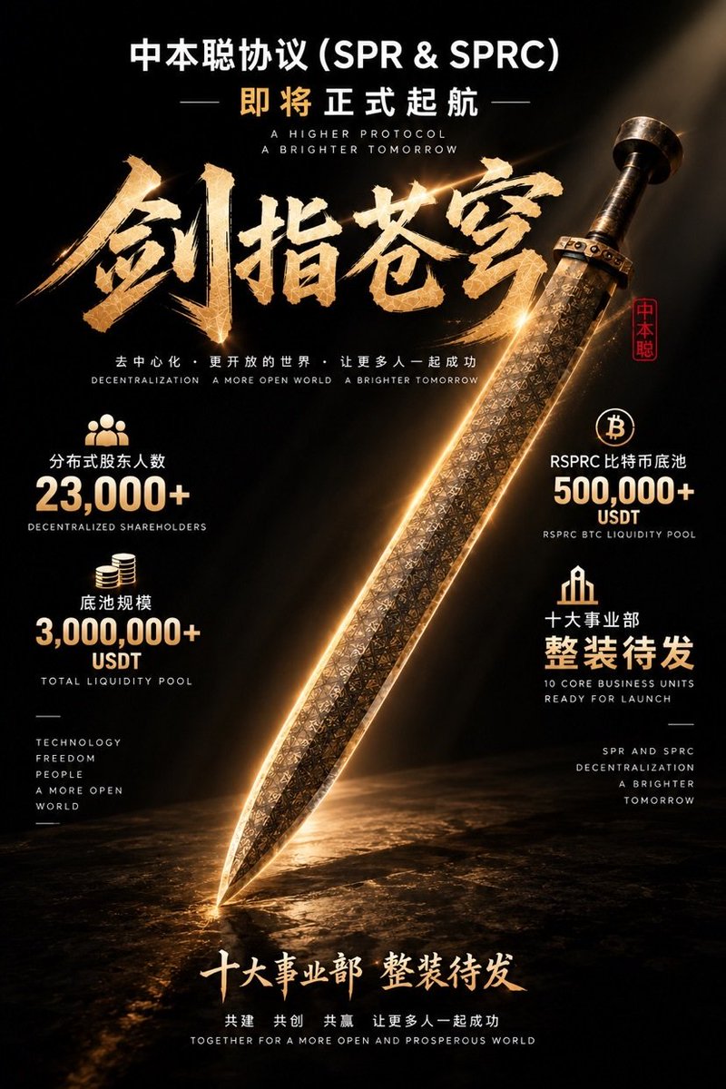 HHuachao's tweet photo. 剑已出鞘，势已成。
中本聪协议（SPR &amp; SPRC）即将正式起航。

⚔️ 剑指苍穹

分布式股东人数：23,000+
底池规模：3,000,000+ USDT
SPRC 比特币底池：500,000+ USDT
十大事业部：整装待发

从共识，到组织；

去中心化，更开放的世界。

TP钱包→发现→DAPP打开→复制链接
https://t.co/VOd9NBg8SH https://t.co/tzy1V0rmJH