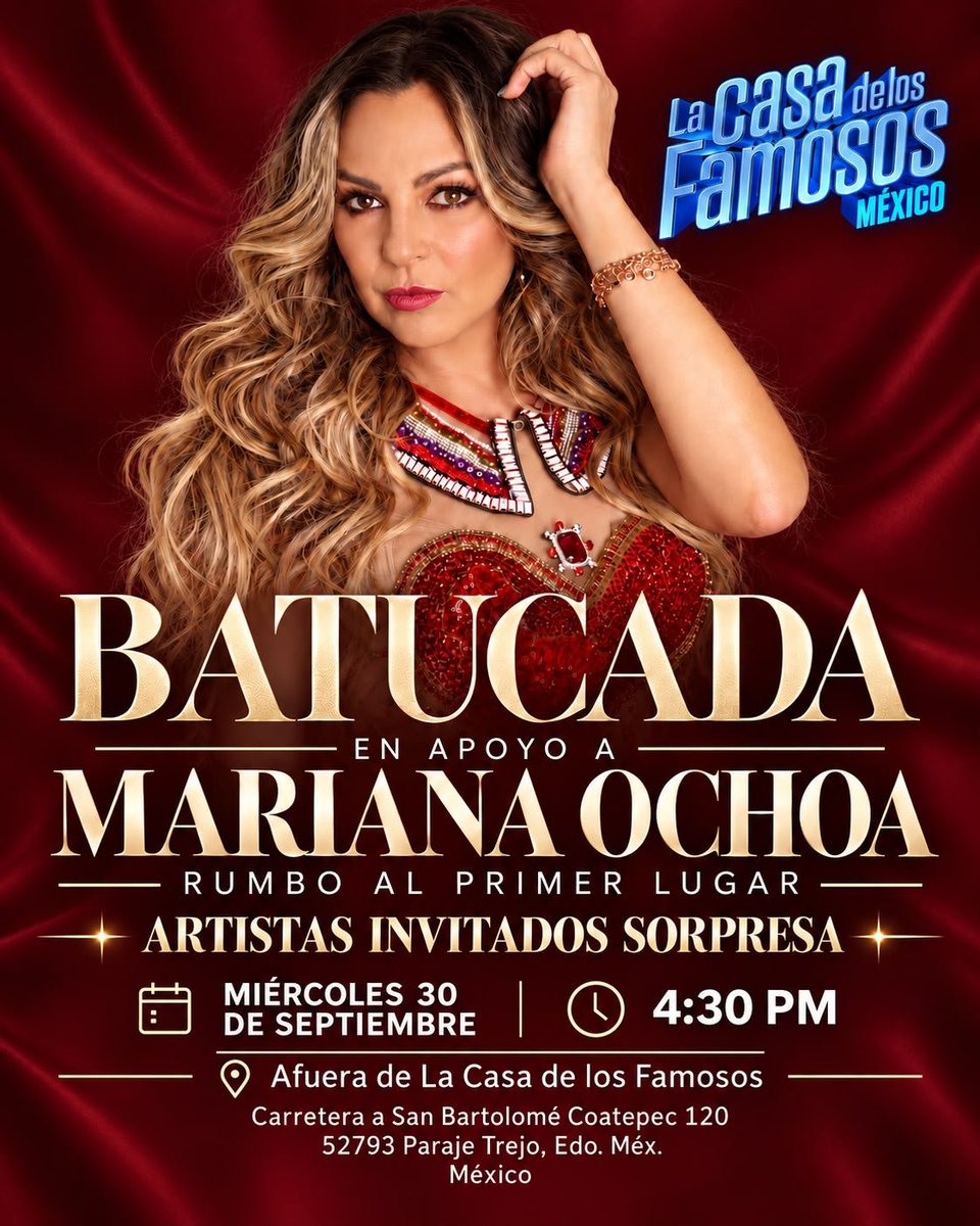 EmZkPr's tweet photo. 🎵🎺🔥 BATUCADA EN APOYO A MARIANA OCHOA

Acompáñanos el próximo miércoles 30 de septiembre a las 4:30 PM afuera de #LaCasaDeLosFamososMéxico.

¡Contaremos con la compañía de celebridades sorpresa!

LATAM CON MARIANA 🔥

#LaCasaDeLosFamososMx https://t.co/ArxJfy6qSi