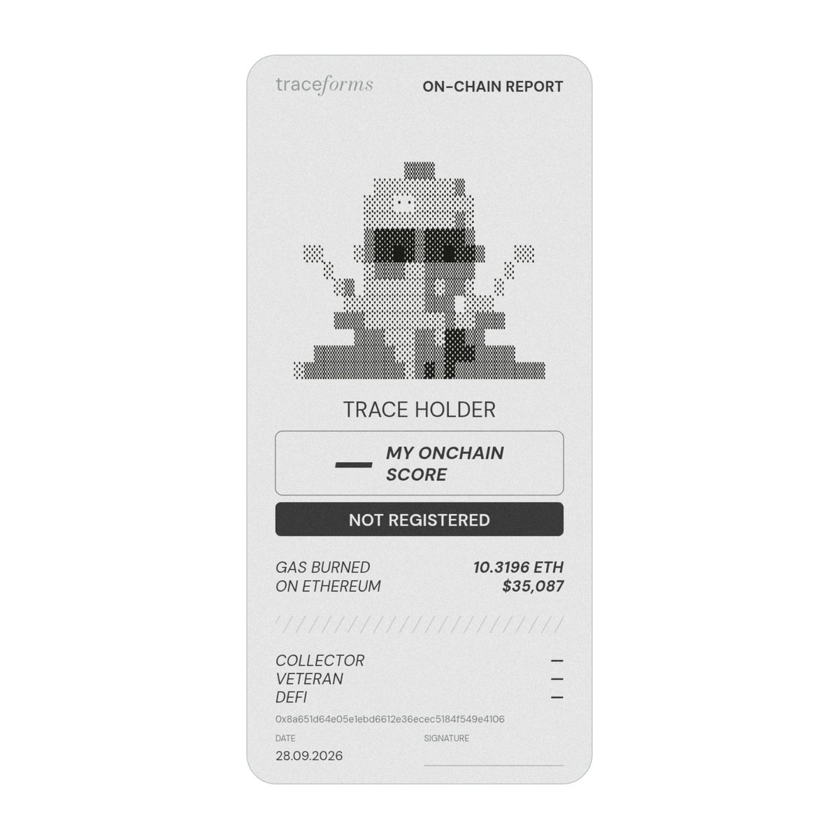 cryptoferd13's tweet photo. Just got my onchain report from @traceforms.

Mint is tomorrow at 3:00 PM UTC.

Man what a shame...personally I feel my onchain score is off the charts. I'll try to grab secondary though. https://t.co/BcMRKEHLz2