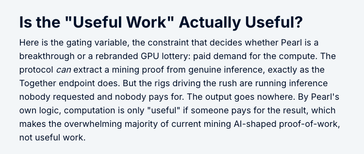 AzFlin's tweet photo. lot of hype behind $PRL (@prlnet) rn, an AI inference provider with its own blockchain - "proof of useful work". Price at $1.5 (3B FDV)

coin has been bridged to ETH and people already making derivatives/reflection memecoins off it

kinda a spin off BTC tokenomics, with miners earning $PRL by doing matrix multiplication

now their big claim is that this matrix multiplication is useful. And it apparently potentially is, but only if someone is requesting and paying for that inference, and no one is 😂 (source: https://t.co/xoxHQRaayg)

reminds me of TAO. in theory kinda cool, has potential, but in reality mostly smoke and mirrors. but this coin seems to have attracted a big cult following