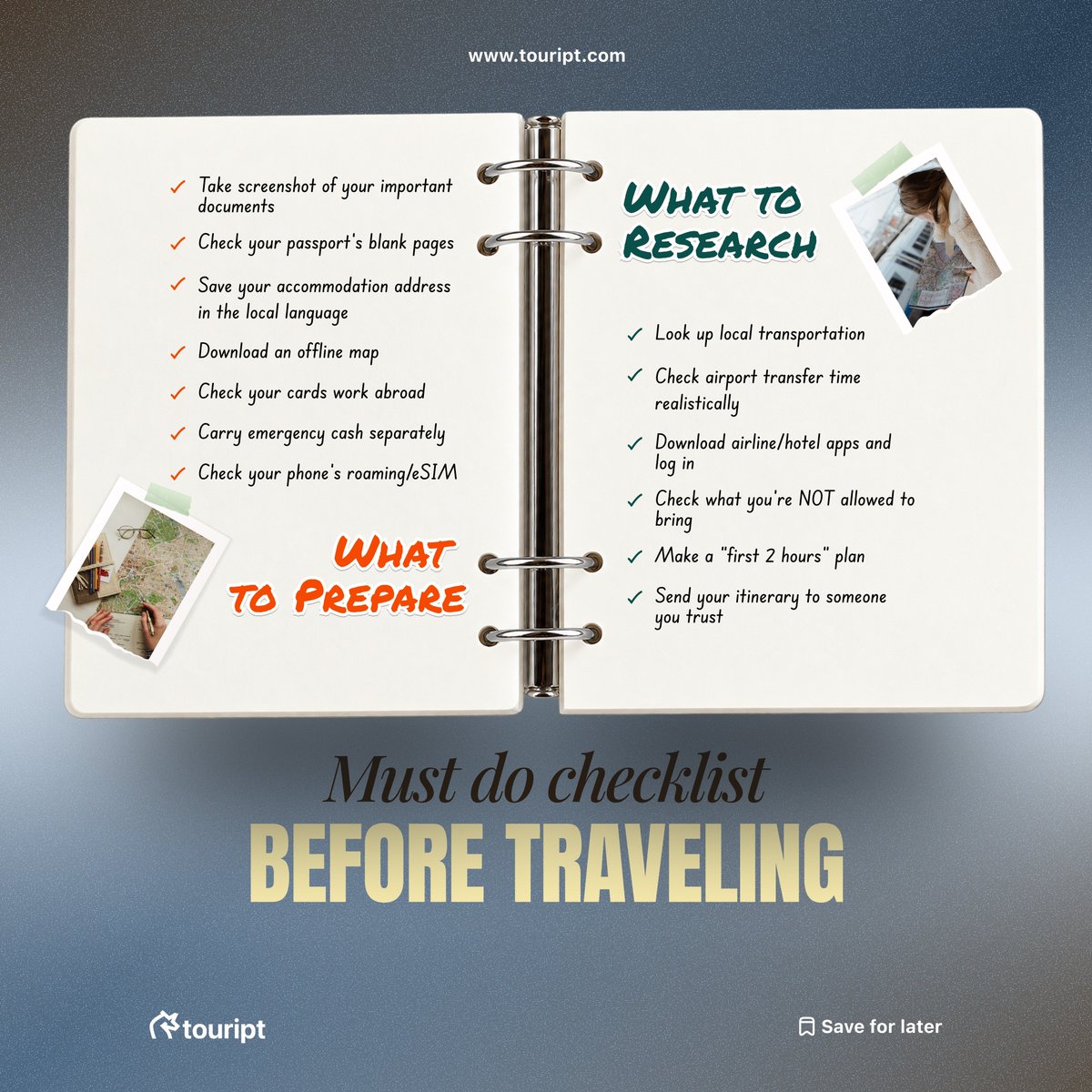 lilantii's tweet photo. Must do checklist before traveling

Some travel problems are completely avoidable if you prepare before you leave. From offline documents and emergency cash to airport transfers, eSIMs, voltage, and knowing what you can’t bring. These are the https://t.co/hAKJd5sb7F