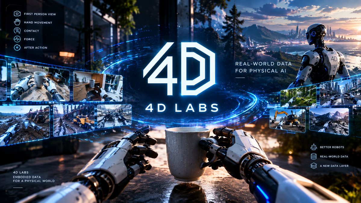 4D Labs graphic emphasizing first-person view, hand movement, contact, force, and after-action context for physical-AI training data
