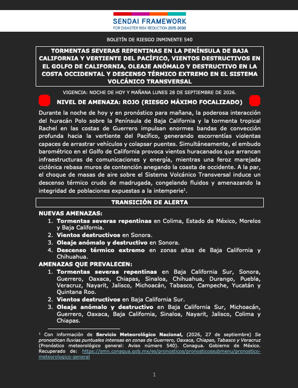 siempreinexorab's tweet photo. Boletín de Riesgo Inminente 540 para México
Nivel de Amenaza: Rojo (riesgo máximo focalizado)
Sendai Framework #EW4All - Impact Based Forecast #IBF
@proteccivilbc @GobBCS @SEPROCICAMP @pcivilchiapas @CEPC_Chih @PC_Colima @CEPCDurango @pciviledomex @PC_Guerrero (hilo) https://t.co/otPCUkA45R