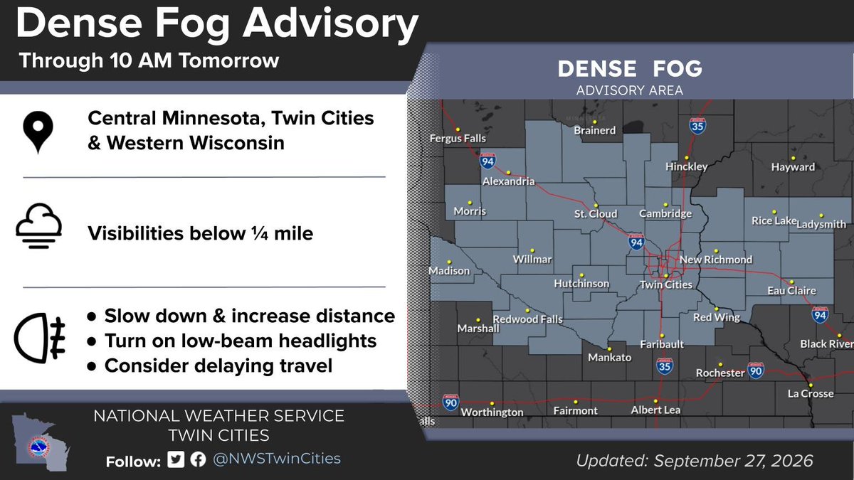 NWSTwinCities's tweet photo. Dense Fog develops tonight with visibilities below 1/4 mile expected across much of central Minnesota, the Twin Cities, &amp; western Wisconsin. Drive safely tonight &amp; tomorrow! https://t.co/MBItN8WYwz