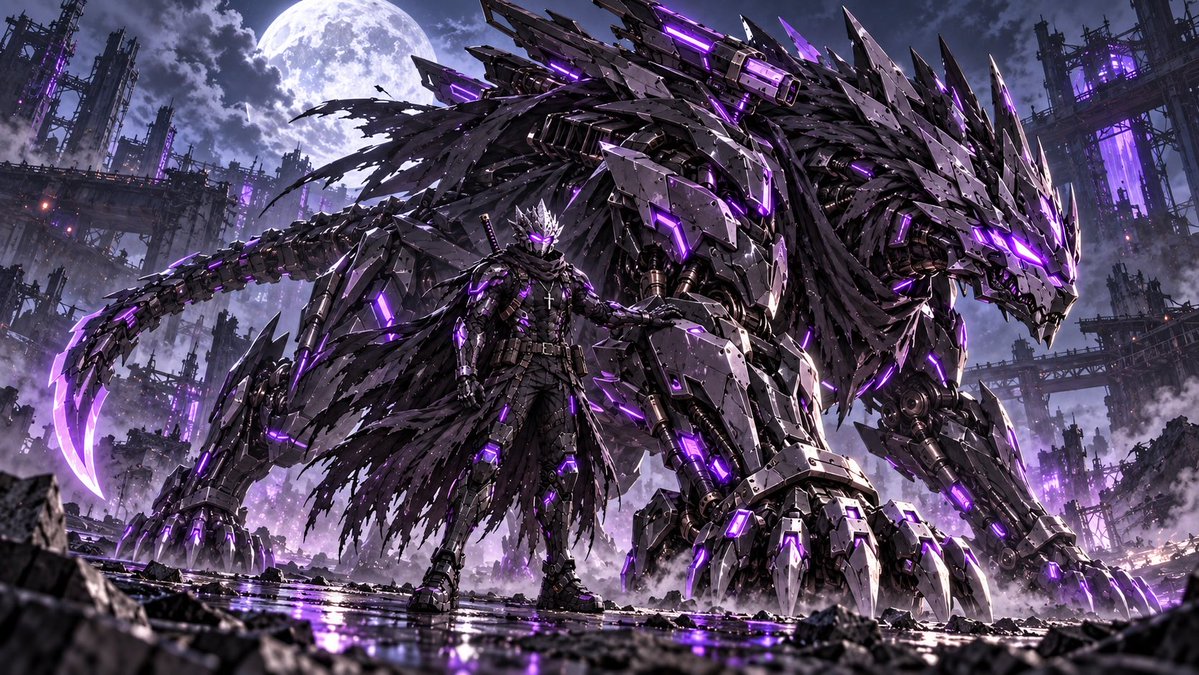 iDarktheReaper's tweet photo. I been working with this one for a little bit now and I gotta say Im in love with this Zoids with their pilots prompt. I hope yall enjoy!!! Remember if you want a specific species or animal to fill it out in the prompt otherwise the results will be random however I also had a spree of Felines and Avians so it can vary and be stubborn depending on the character. I hope to see all of your results. 🖤🔥💜

https://t.co/3QflTdW32M

In order:

Kurai(Base Form)
Kurai(Hayabusa Spartan Armor Variant)
Kurai(Celestial Form)
Dark(Hellfire)