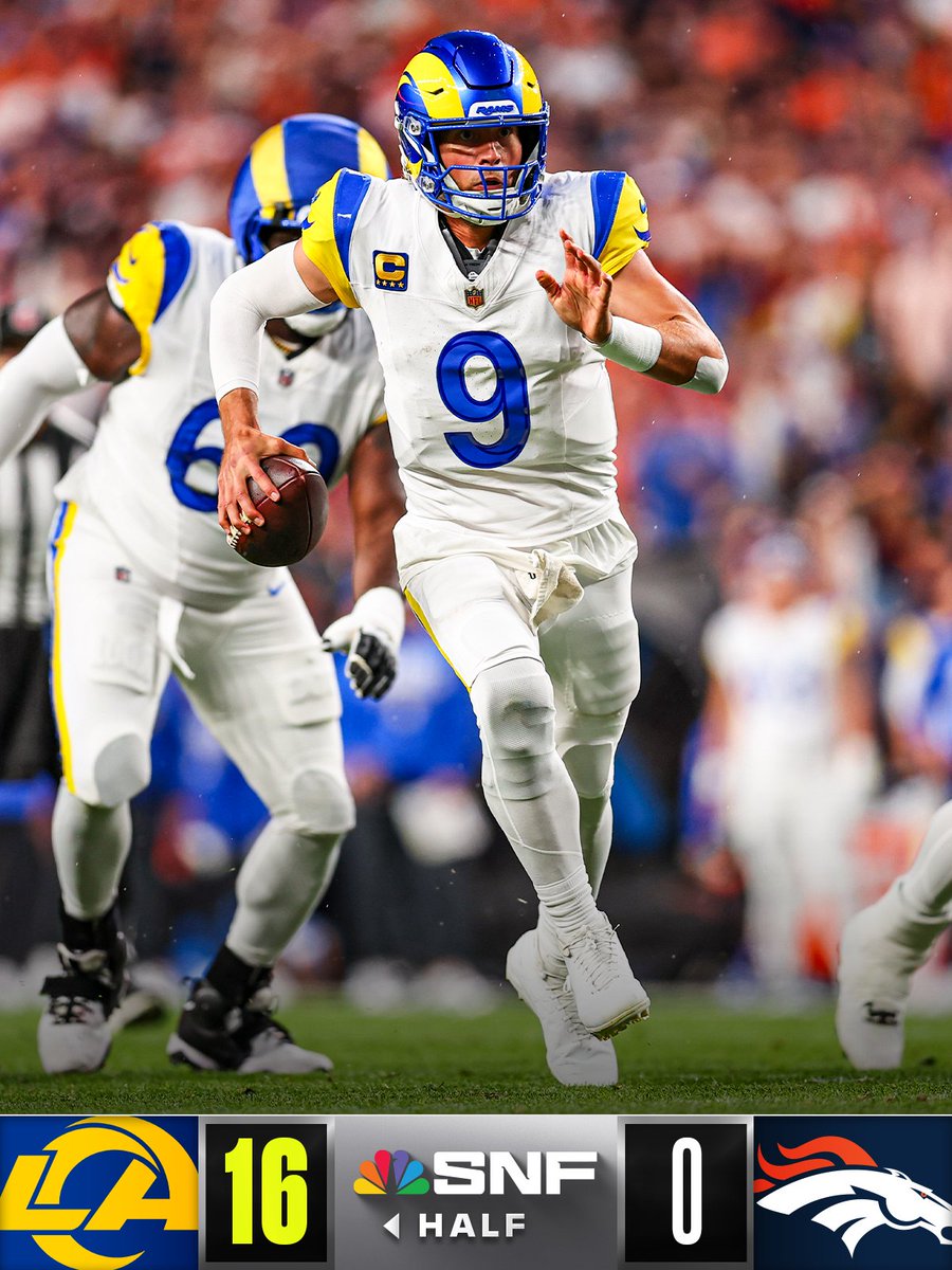 HALFTIME: The Rams lead in Denver.

@​LARvsDEN on NBC/Peacock
Stream on @​NFLPlus 
 [📷](https://pbs.twimg.com/media/HTRK2fcXwAAYIso.jpg) https://pbs.twimg.com/