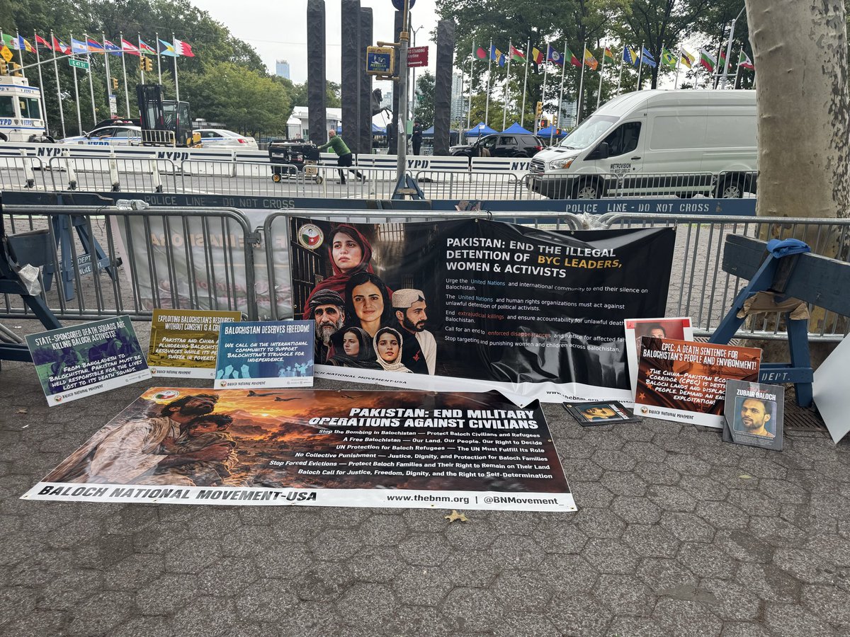 BNMUSAC's tweet photo. Baloch National Movement (BNM) Protest in New York.   25 September 2026
During the 81st UN General Assembly, BNM Protested outside UN Headquarters, drawing international attention to the human rights situation in Balochistan.
The protest highlighted enforced disappearances, alleged extrajudicial killings, arrests of activists, collective punishment, and displacement, while raising the call for Free Balochistan.