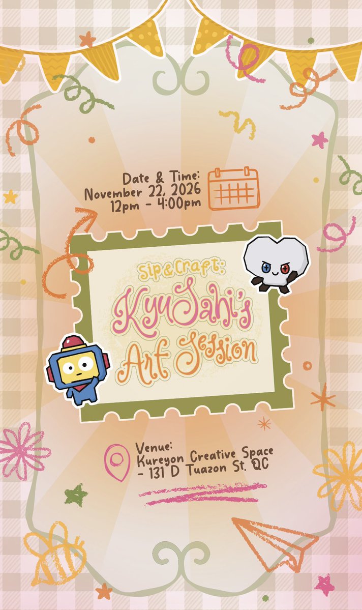 prodz_9947's tweet photo. ᝰ Sip & Craft : KyuSahi’s Art Session ⋆˙⟡

🎨 FILO TEUMES! especially Kyuties & Arangdans, 𝐘𝐨𝐮 𝐚𝐫𝐞 𝐢𝐧𝐯𝐢𝐭𝐞𝐝 𝐭𝐨 𝐚𝐧 𝐚𝐫𝐭 𝐬𝐞𝐬𝐬𝐢𝐨𝐧 𝐟𝐮𝐥𝐥 𝐨𝐟 𝐰𝐡𝐢𝐦𝐬𝐲 ꩜ 

Unlock your inner artistry and boost your full potential by joining us to a fun and crafty themed KyuSahi Cupsleeve Event 🩷🧡💛

DATE : November 22, 2026 (Sunday)
VENUE : Kureyon Creative Space, 131 D Tuazon St., Sta Mesa Heights, Quezon City
TIME : 12:00PM - 4:00PM

🔗 Registration link will be posted on October 3 sometime around 9PM 👀 

🐨🤖
#KyuSahiArtSession
#준규 #아사히 @treasuremembers