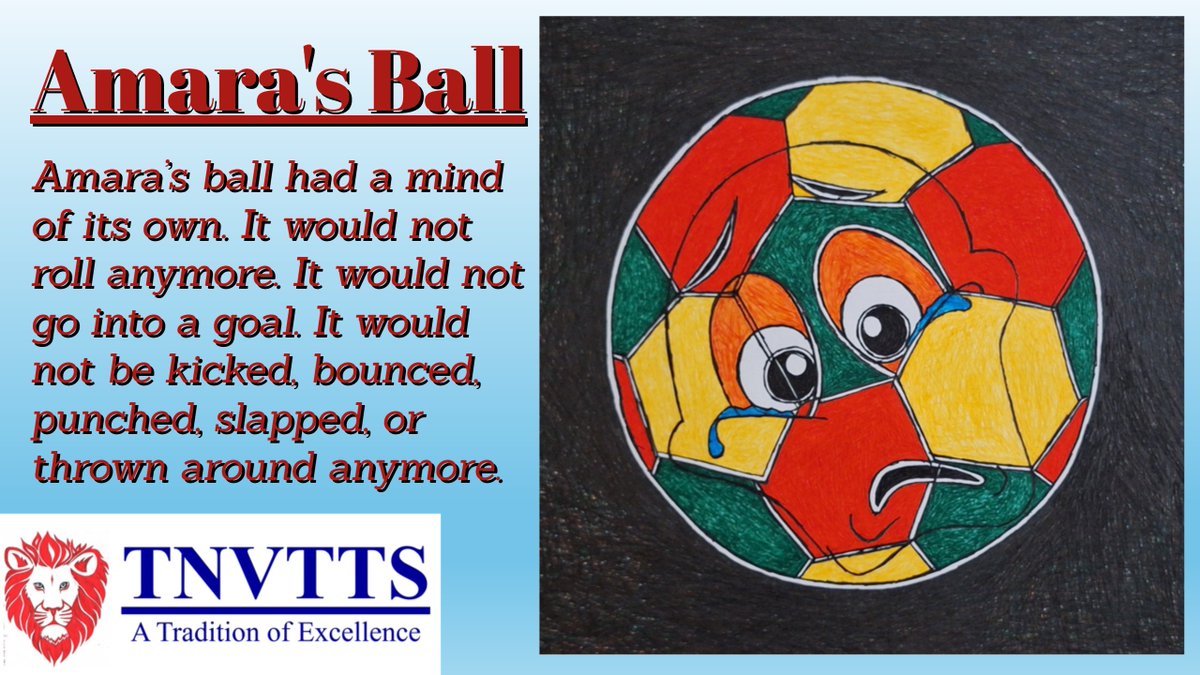 tnvtts's tweet photo. Amara's Ball, Characters 1

Amara’s ball had a mind of its own.
It would not roll anymore.
It would not go into a goal.
It would not be kicked, bounced, punched, slapped, or thrown around anymore. https://t.co/Iu0abocLTk