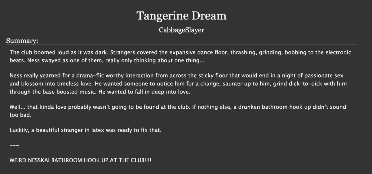 CabbageSlayyer's tweet photo. I DID IT I SAID I WOULD DO IT AND I DID IT!!!!

12k words of nski bathroom sex!!!!!! i dont even go clubbing that often but i went to TWO different raves by the time i finished it thats how long this has taken my GOD. 

link and tags below!!! https://t.co/4n8EX0PT6Q