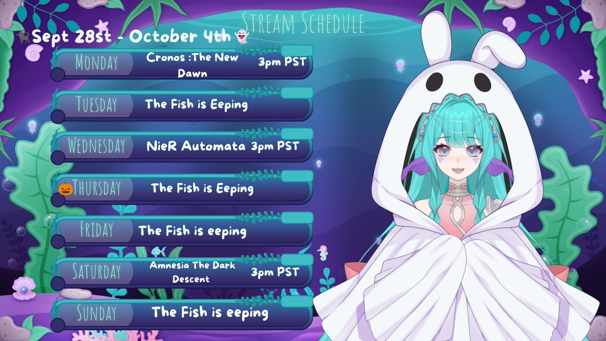 Umi_Zafira's tweet photo. Greetings Zaquarians its Almost Spooky Month!!!  Here is my schedule for the week. Will be starting off the week with Cronos: The New Dawn. #Vtuberㅤ  #ENVtuber https://t.co/4p1bnX28k6