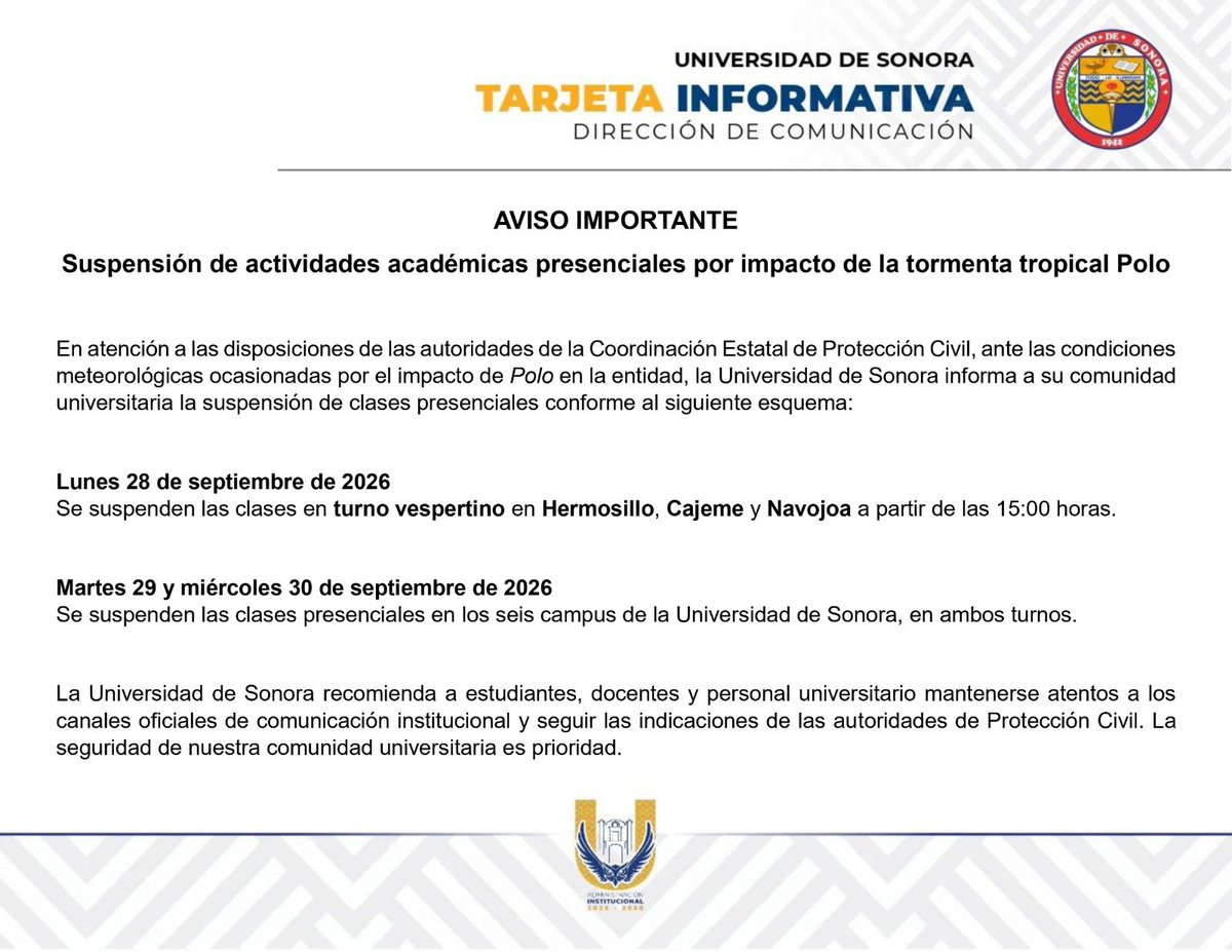 SoyUnison's tweet photo. ¡Atención comunidad universitaria! ⚠️ https://t.co/wrJW054T4A