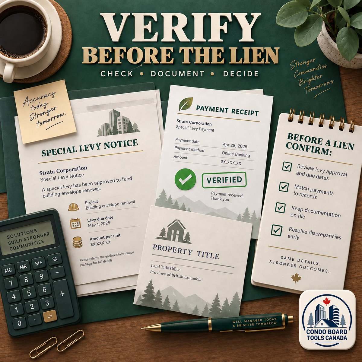 CondoBoardCA's tweet photo. Before filing a strata lien, verify the levy approval, due date, payment records, notices and exact balance. A lien should follow a documented review—not an assumption or unresolved bookkeeping error. Check, document and decide. #BCStrata #StrataCouncil https://t.co/Z9WkLDagYA