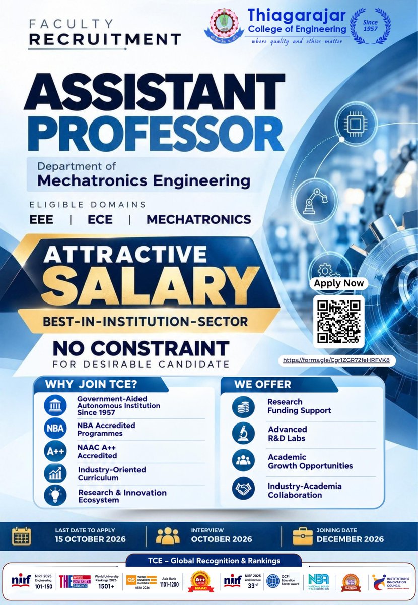 tceofficialpage's tweet photo. 🚀 Faculty Recruitment | Assistant Professor at TCE 🎓 Join our Mechatronics Engineering team! Eligible: EEE | ECE | Mechatronics. 💡 Research, growth & industry collaboration. Apply by 15 Oct 2026. 🔗 https://t.co/MladbcrmtU #TCE #FacultyRecruitment #Mechatronics https://t.co/sUg6pG6OQz