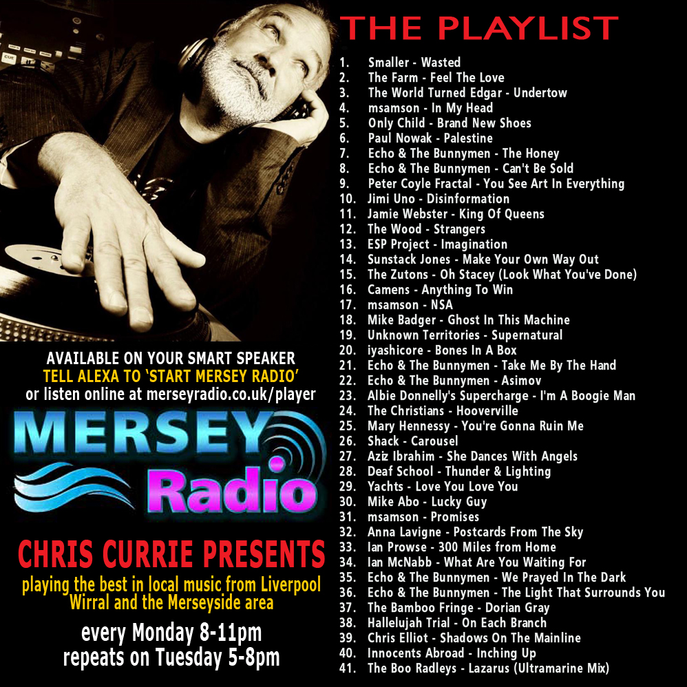 CurrieRadioShow's tweet photo. Early heads up for Monday's show on @MerseyRadio - check out the playlist
@HenryPriestman @empiresend @IanProwse @Bunnymen @JamieWebster94 @TheFarmMusic @nowak_paul @THECHRISTIANS13 @DeafSchoolMusic @D_S_Live @gerryculligan @lavigneanna1 @ESPProgProject @sunstackjones https://t.co/hfsvvfQjza