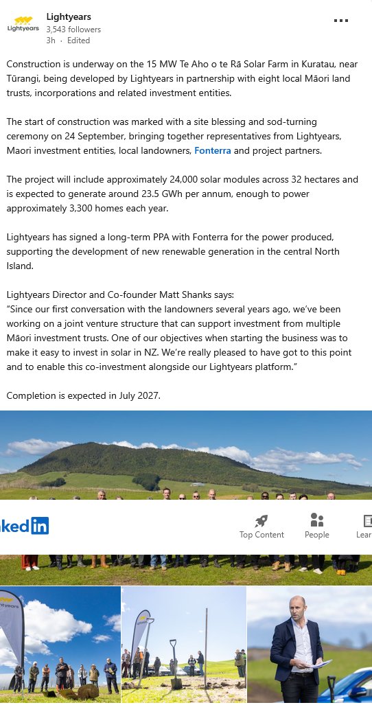 Poission51's tweet photo. Lightyears solar commences construction of 15MWp solar farm near Kuratau.Expects 23GWh of generation with longterm PPA from Fonterra.First generation July 27. https://t.co/NxnkIOyk50