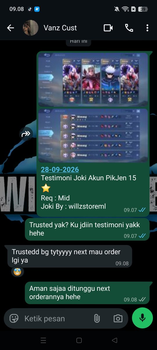 willzstoreml's tweet photo. 28-09-2026 
Testimoni Joki Akun PikJen 15 ⭐ 
Req : Mid

Yang mau Joki ML / Joki Akun Bisa Langsung WA ya :
Epic 4K / ⭐
Legend 5K / ⭐ https://t.co/7Mz3pLHFXi