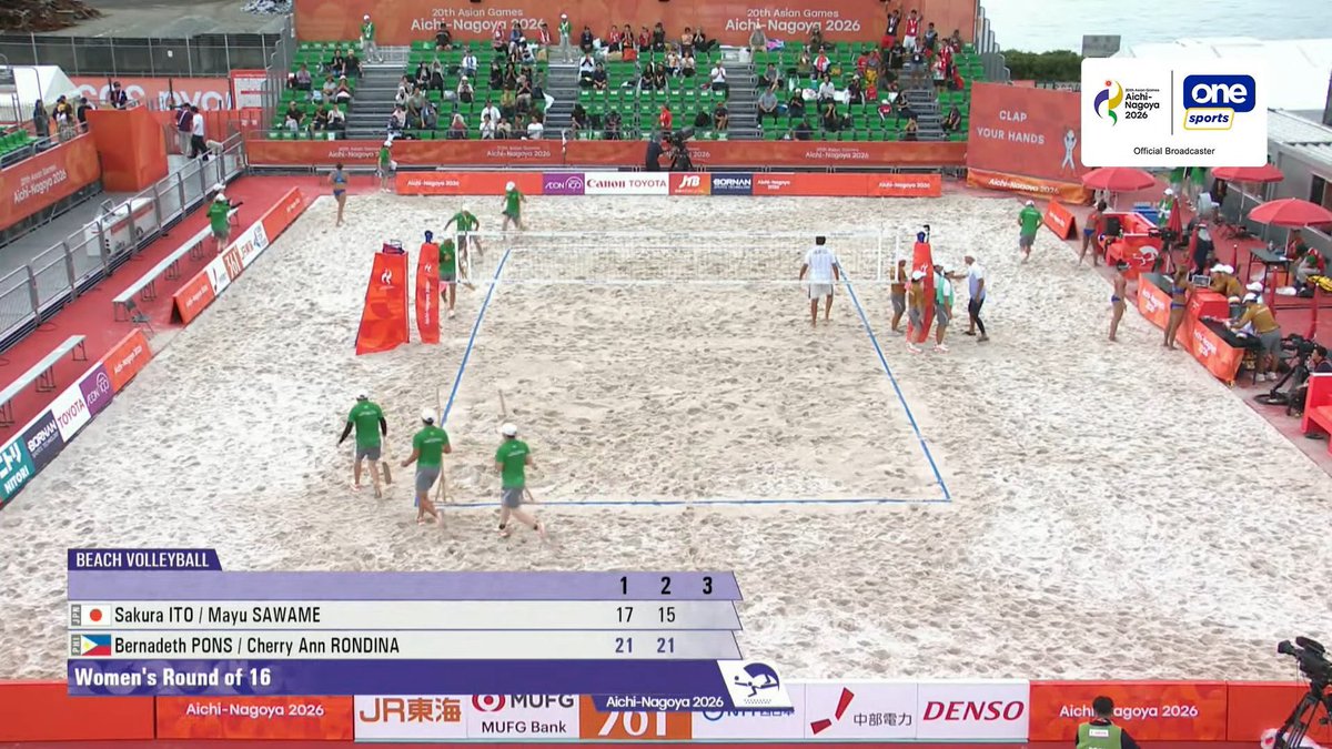 OneSportsPHL's tweet photo. SI-PONS ONTO THE QUARTERFINALS 🏐🏖🇵🇭

Alas Pilipinas’ Sisi Rondina and Bernadeth Pons book their spot in the women’s beach volleyball quarterfinals after defeating Japan’s Sakura Ito and Mayu Sawame, 21-17, 21-15.

Cignal is the official broadcaster of the 20th Asian Games Aichi-Nagoya 2026.

📺 Catch all the Asian Games action on Cignal Play, the One Sports YouTube channel, and other Cignal platforms from September 10 to October 4. 🇵🇭🔥

#AichiNagoya2026 #20thAsianGames #LakasNgPilipino #AsianGames2026