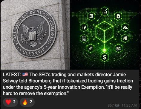 🇺🇸 THE SEC SAID THE QUIET PART OUT LOUD.

Trading & Markets chief Jamie Selway to Bloomberg: if tokenized stocks take off under the 5-year Innovation Exemptio