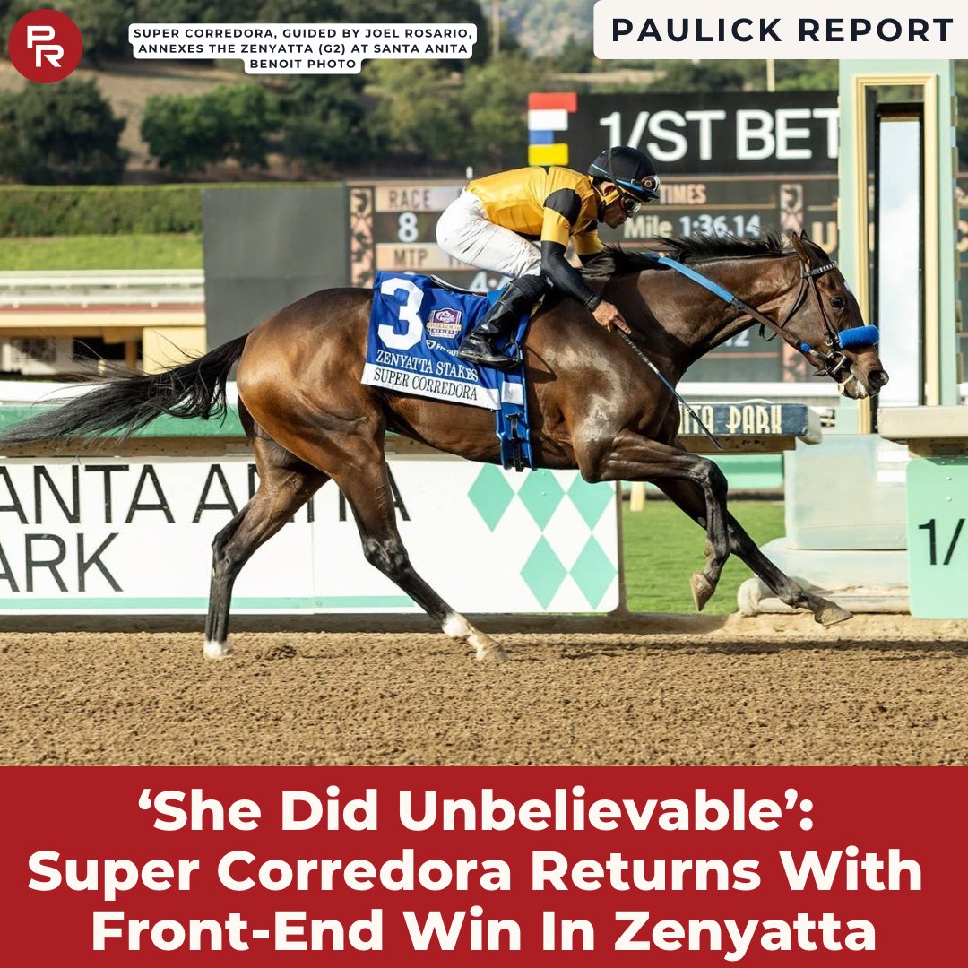 paulickreport's tweet photo. Last year’s 2-year-old filly champion, Super Corredora, launched her comeback from a six-month layoff by going wire to wire in Sunday’s $200,000 Zenyatta (G2) at Santa Anita, earning an automatic berth in the Breeders’ Cup Distaff.

More ⬇️⬇️ 

https://t.co/whniMjhUIV https://t.co/FPNnQXFpRZ