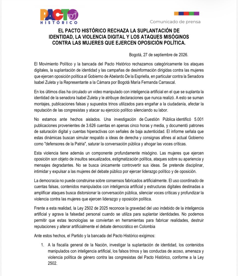 IvanCepedaCast's tweet photo. EL PACTO HISTÓRICO RECHAZA LA VIOLENCIA
CONTRA MUJERES CONGRESISTAS DE LA OPOSICIÓN https://t.co/gQdYt05MWn
