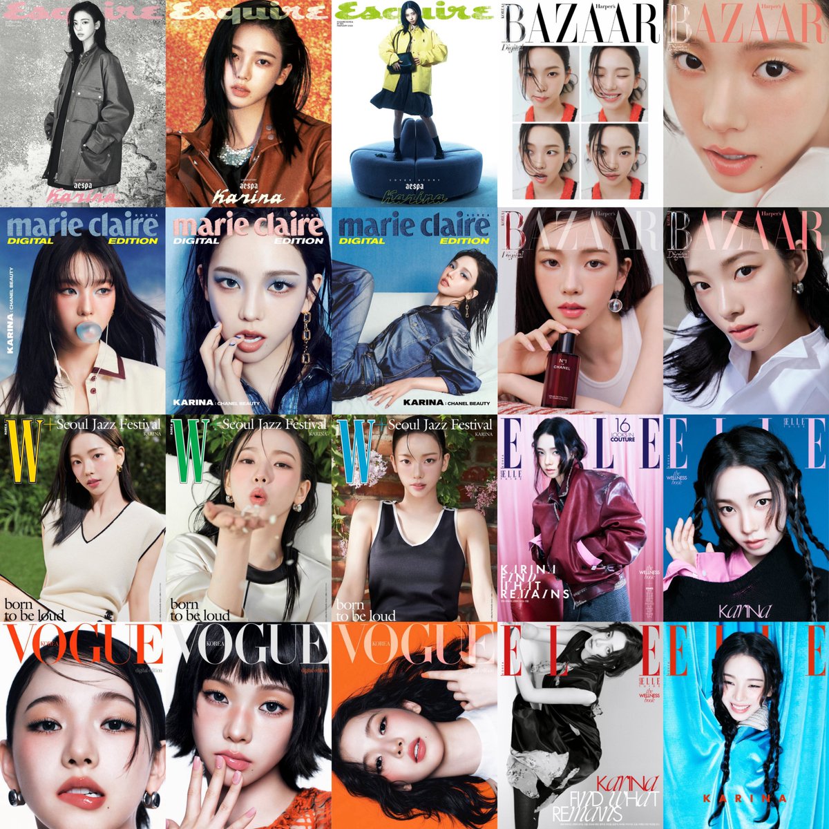 wntrult's tweet photo. aespa magazine covers and features in 2026:

KARINA: 
— Esquire Korea x Prada (February) 
— Marie Claire Korea x Chanel Beauty (Digital)
— Vogue Korea x Prada (April Feature) 
— Harper’s BAZAAR Korea x Chanel Beauty (Digital)
— W Korea x Chanel Beauty (Seoul Jazz Festival Special Edition) 
— Vogue Korea x Chanel Beauty (Digital) 
— Elle Korea x Prada (September) 

GISELLE: 
— Vogue Korea x LOEWE (Digital) 
— Dazed Korea x LOEWE (E-Edition)
— Super ELLE China x LOEWE (July) 
— Marie Claire Korea x LOEWE (September Feature) 
— CLASSY. Japan x LOEWE (October) 
— Vogue Korea & Cooper x Courrèges, Mark Gong, Messika, Rick Owens (Dogue Digital) 
— Cosmopolitan Korea x ASICS (Sports & Wellness Special Edition) 

WINTER: 
— Esquire Korea x Polo Ralph Lauren (April) 
— W Korea x Bottega Veneta, Alaïa, Yves Saint Laurent, Balenciaga, Mugler, and Acne Studios (July Feature) 
— Elle Korea x New Balance (D-Edition) 
— Cosmopolitan Korea x Polo Ralph Lauren (October) 

NINGNING: 
— Dazed Korea x Gucci (March) 
— GQ Korea x Gucci (May)
— Marie Claire China x Gucci & Bvlgari (May)
— W Korea Beauty x BYREDO (Digital)
— Harper’s BAZAAR China x Gucci & Bvlgari (October) 🆕
