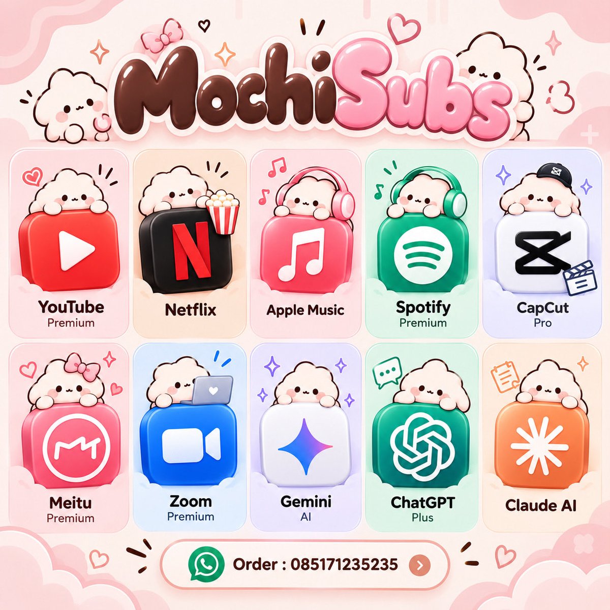 mochisubss's tweet photo. 🍡 MochiSubs siap bantu!
Netflix, Spotify, YouTube, CapCut, Meitu sampai AI — tinggal pilih, tinggal order ✨

📲 Order: 085171235235
💗 Mochi dulu, premium kemudian.

#MochiSubs #AkunPremium #DigitalStore #PremiumApp #Netflix #Spotify #YouTubePremium #CapCutPro #AIPremium https://t.co/AxjW1Zok5n