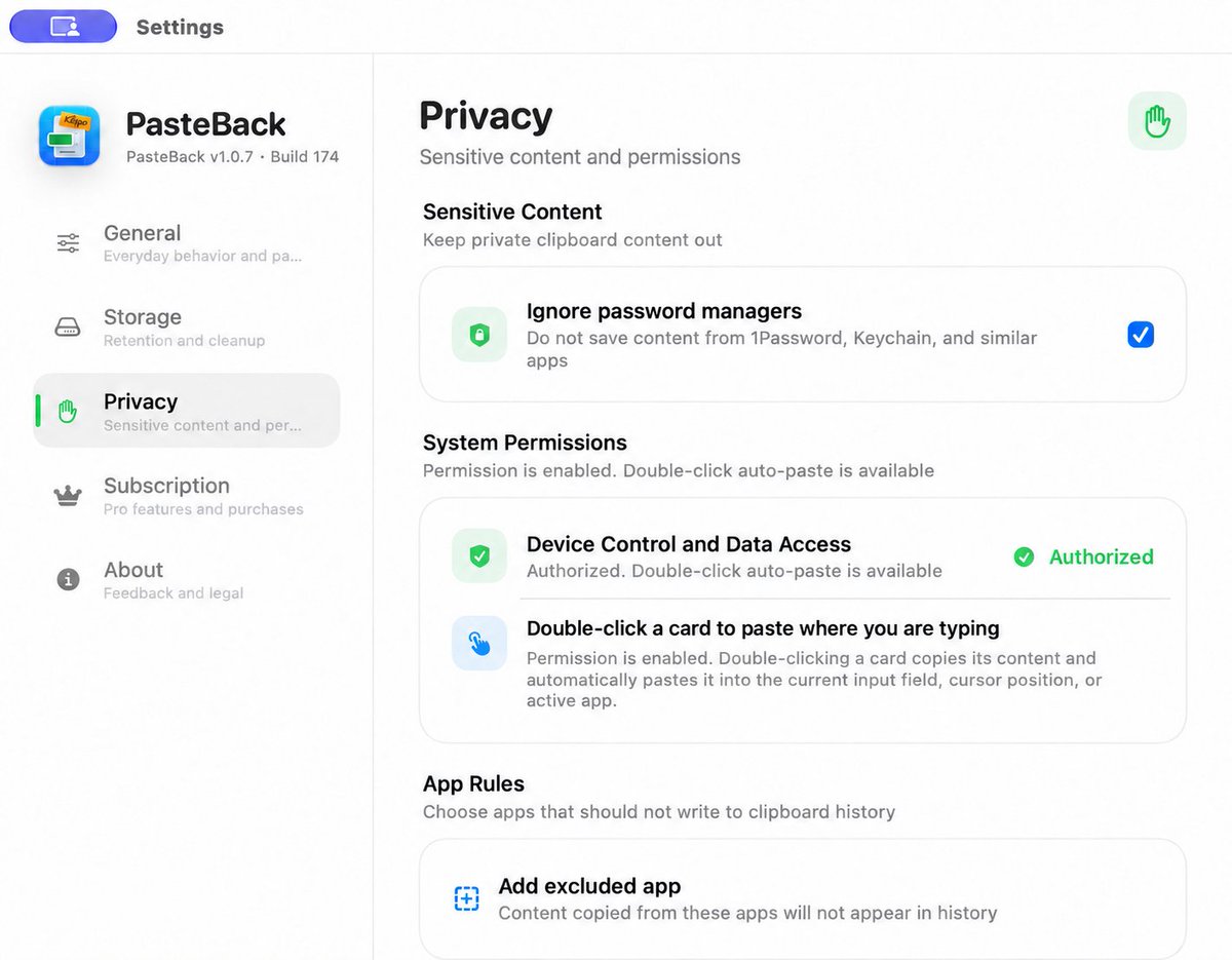 anicedev's tweet photo. Clipboard history is useful—until it saves something it shouldn’t.

A privacy control we’re building into PasteBack: ignore content copied from password managers, plus per-app exclusions for anything you never want in history.

A clipboard should also know when not to remember. https://t.co/AmPNMaFFKT