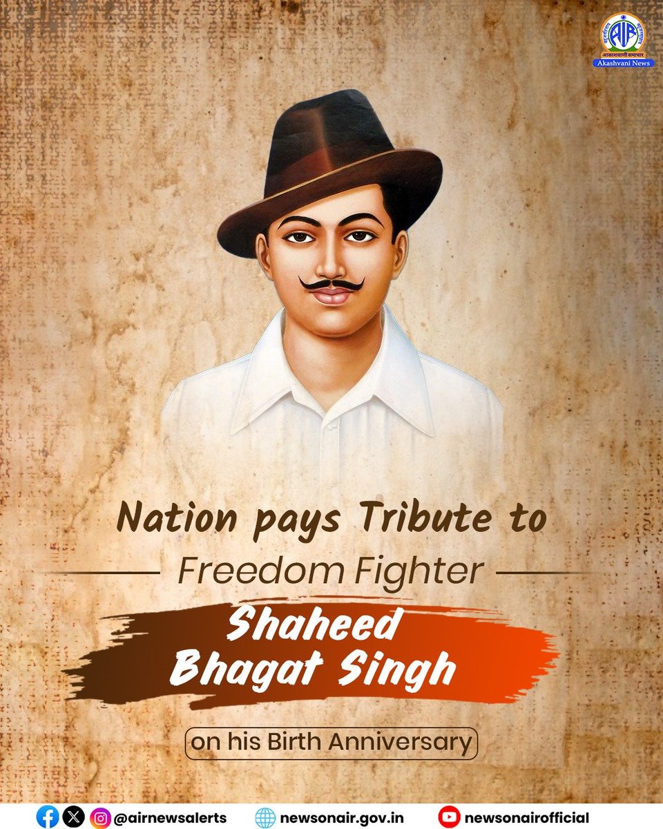 airnewsalerts's tweet photo. Nation pays tribute to Shaheed Bhagat Singh on his birth anniversary.

#ShaheedBhagatSingh https://t.co/xbXFe8acdu