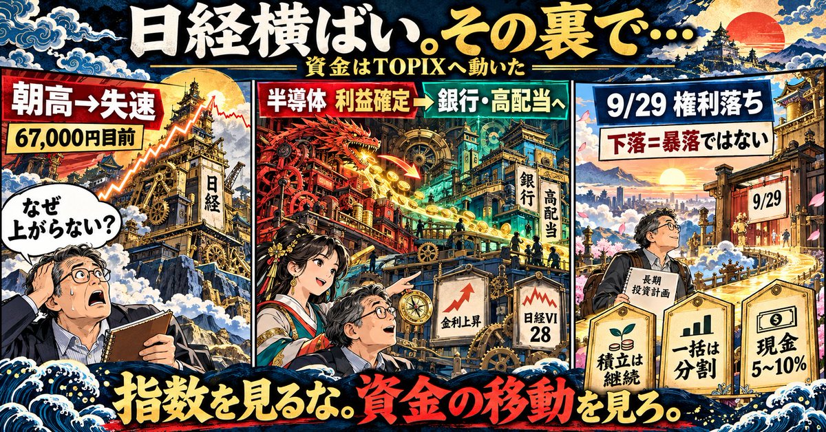 328351km's tweet photo. 【日経、朝高から失速。その裏で何が？】

朝は67,000円目前まで上昇。
ところが、その後は急失速…。

でも、相場全体が崩れたわけではありません。

いま起きているのは👇
🔻半導体株では利益確定
🔄銀行・高配当株へ資金移動
⚠️金利上昇と日経VI「28」で値動きは拡大

さらに9月29日は「権利落ち」。
指数が下がっても、配当分の機械的な調整が含まれるため、すぐに「暴落」と判断する必要はありません。

投資初心者は
✅ 新NISAの積立は継続
✅ 一括投資は数回に分割
✅ 現金を5〜10％残す

大切なのは、指数の上下だけではなく
「どこへ資金が動いているか」を見ること。

焦らず、長期目線でいきましょう。

#日経平均 #TOPIX #投資初心者 #新NISA