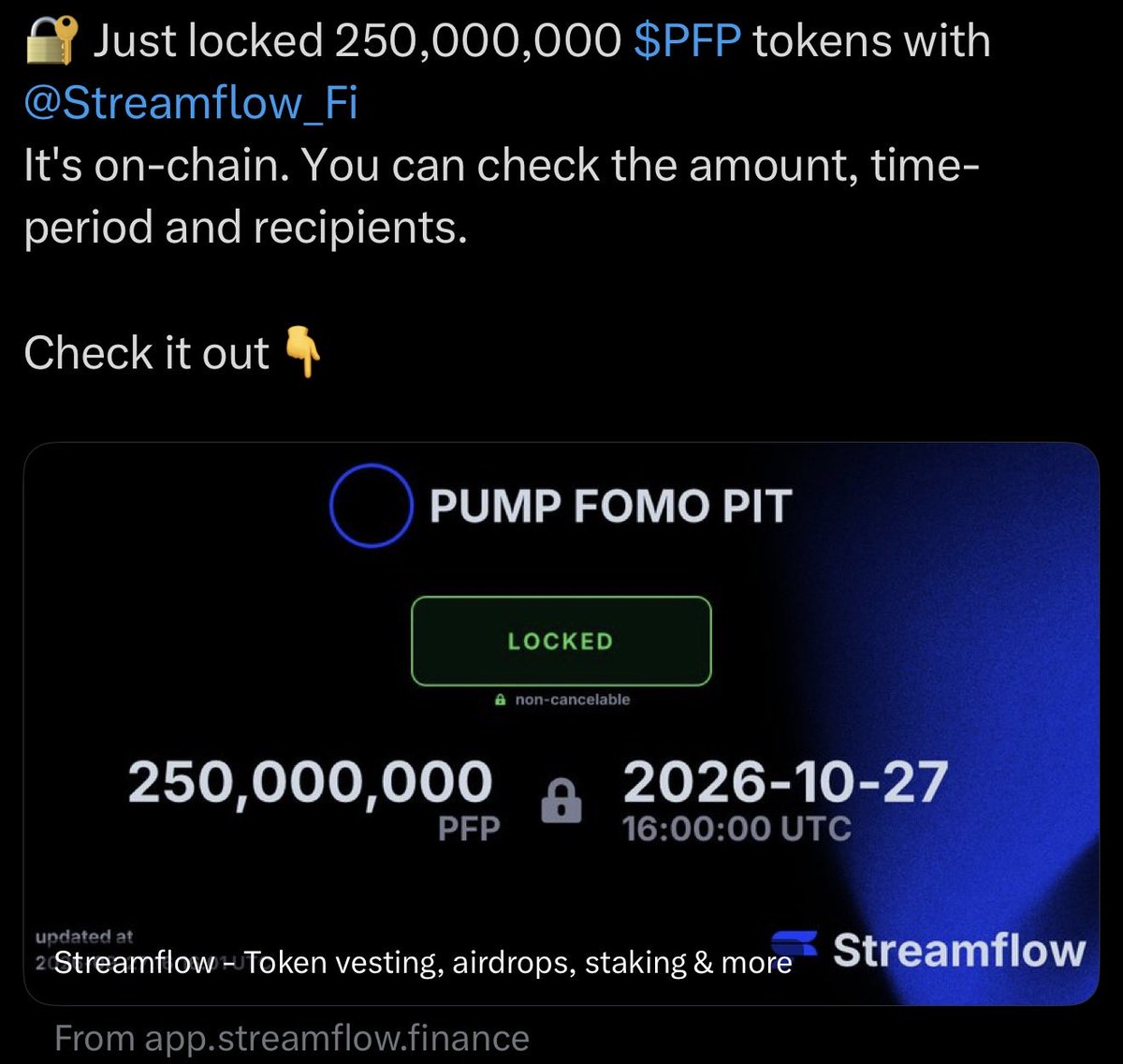 PumpFomoPit's tweet photo. 🔐 Just locked 250,000,000 $PFP tokens with @Streamflow_Fi 
It's on-chain. You can check the amount, time-period and recipients. https://t.co/26UAm5lQCh