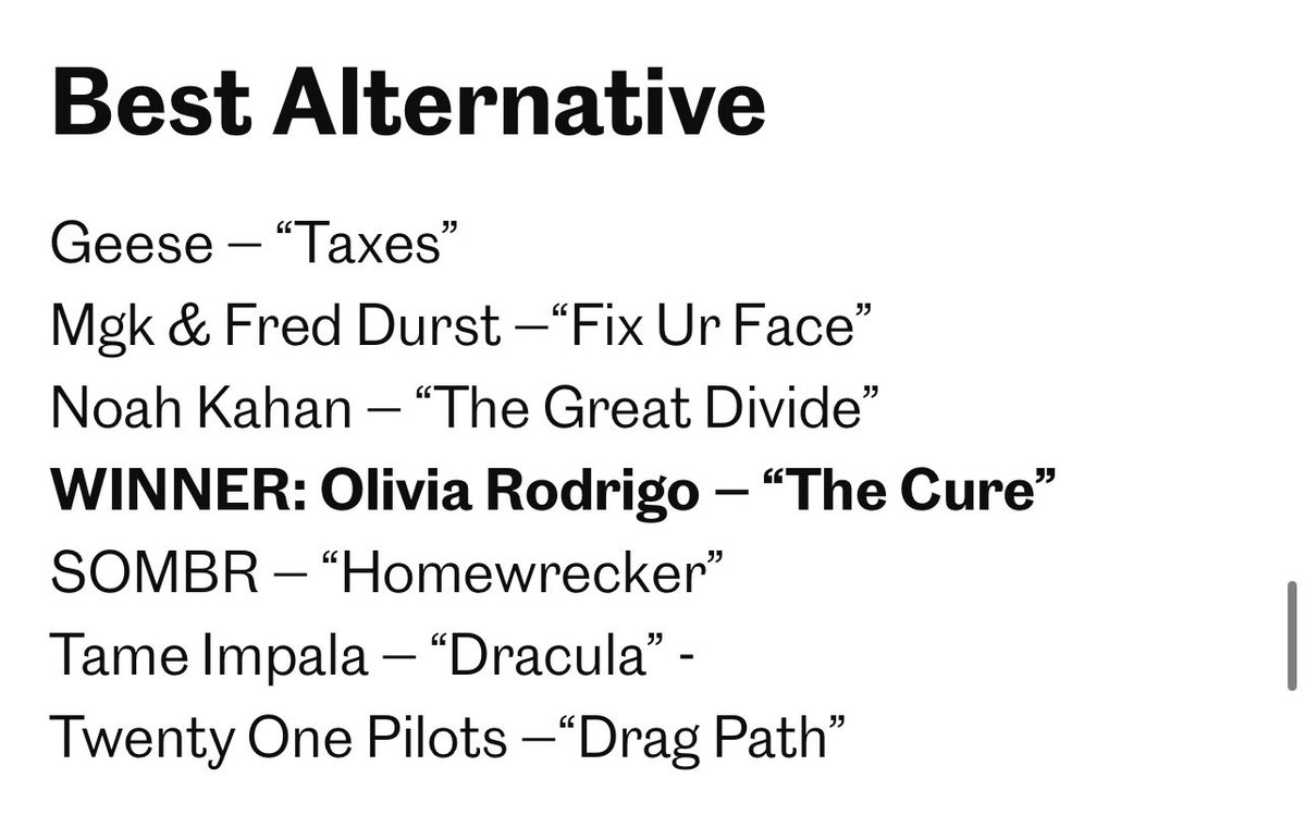 sk8terzombie's tweet photo. OLIVIA WON BEST ALTERNATIVE!! https://t.co/DlIYCN0Yoi