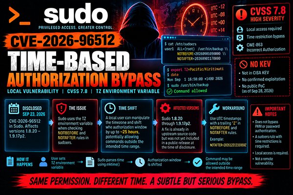 stem__shop's tweet photo. π Sudo CVE-2026-96512 β CVSS 7.8
A local user can manipulate the TZ variable to bypass NOTBEFORE / NOTAFTER time restrictions by up to ~25 hours. No KEV or confirmed exploitation yet.
https://t.co/bBV8BjwLJH
#CVE #CVE202696512 #Sudo #Linux #CyberSecurity https://t.co/BriXhNSYbv