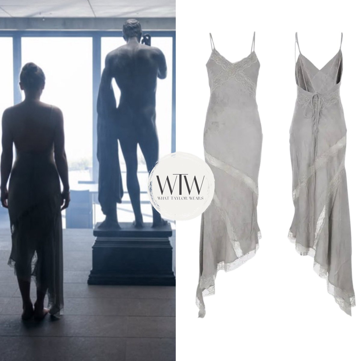 whattaylorwears's tweet photo. Taylor Swift for the “Patient Zero” Music Video wearing the Rosetta Satin Midi Dress With Halter Neck And Lace Inserts by The Andamane (on sale: $611; reg: $875)

Links: 
“Patient Zero” Video: https://t.co/Uf8h1RYTdO
Dress: https://t.co/j384v7oiQL https://t.co/W0VDcUkCnq