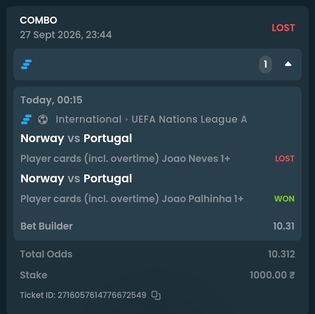 Mohan04086103's tweet photo. Finally hit a card bet after so many attempts — without Player Super Sub! 🎯🟨
Many apps abroad already offer Super Sub. Would love to see @Fairwin add it for player card bets. Would make it much more interesting! ⚽🔥 https://t.co/eVpieyaVAc