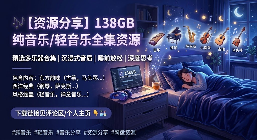 LIJMXY's tweet photo. 138GB 纯音乐/轻音乐全集资源

🔗：https://t.co/kWW709npqM

精选多乐器纯音乐合集，涵盖古筝、钢琴、萨克斯、小提琴、吉他、马头琴 等多种经典乐器。

沉浸式音质，无论是工作学习做背景音、深度思考，还是睡前放松解压都非常适合。