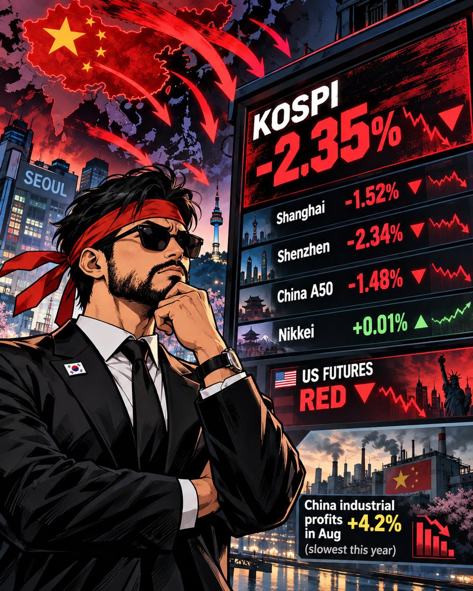 JJoonWick's tweet photo. Korea is getting hit much harder than the rest of Asia today. π°π·π
#KOSPI -2.35%
#Shanghai -1.52%
#China A50 -1.48%
#Nikkei basically flat.
Meanwhile US futures are also red, with #Nasdaqfutures around -0.5%.
Chinaβs latest industrial-profit data added another risk-off signal: August growth slowed to 4.2%, although electronics profits remain strong.
So this isnβt just one Korean stock getting sold.
China weakness + softer US futures + heavy foreign selling in Korea = a bad combination.
The thing Iβm watching now:
Does KOSPI stabilize into the afternoon, or does foreign selling accelerate?
#KOSPI #KoreaStocks #China #Nasdaq #AsiaMarkets #SamsungElectronics