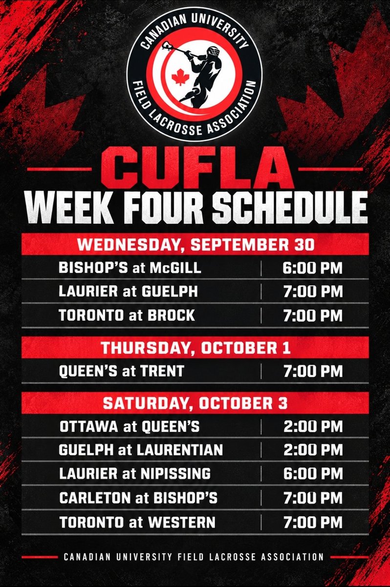 CUFLAlacrosse's tweet photo. Week Four of CUFLA -  Three games on Wednesday’s National Day for Truth and Reconciliation.

Then Thursday evening before five more matchups highlight a packed Saturday across both divisions.

#CUFLA #NationalDayForTruthAndReconciliation #CanadianUniversityLacrosse https://t.co/KqgDISNmkJ
