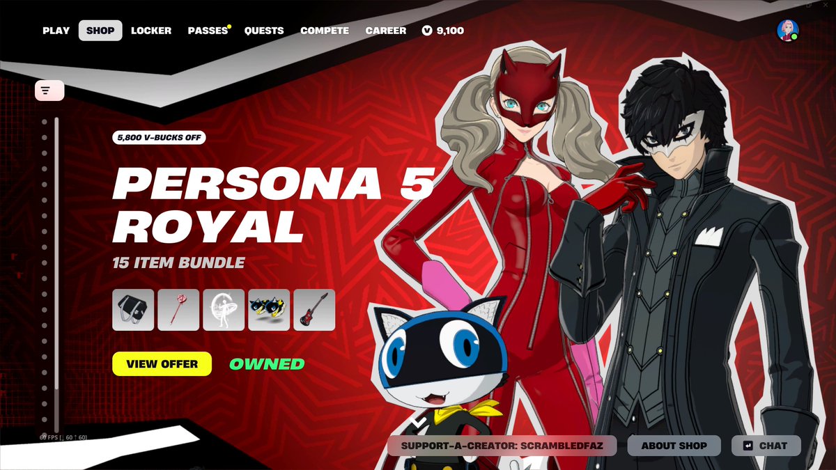 ScrambledFaz's tweet photo. Fortnite x Persona 5 Royal - Everything will LEAVE the item shop next week!

Bundle - 3800 vbucks https://t.co/zHwZDYrPUW
Joker - 1800 vbucks https://t.co/UEZ3Ll4xKa
Ann - 1800 vbucks https://t.co/KAdiwKp71I
Morgana Sidekick - 1500 vbucks https://t.co/ZpvUVZIafg

use code scrambledfaz when buying if you want to! #epicpartner