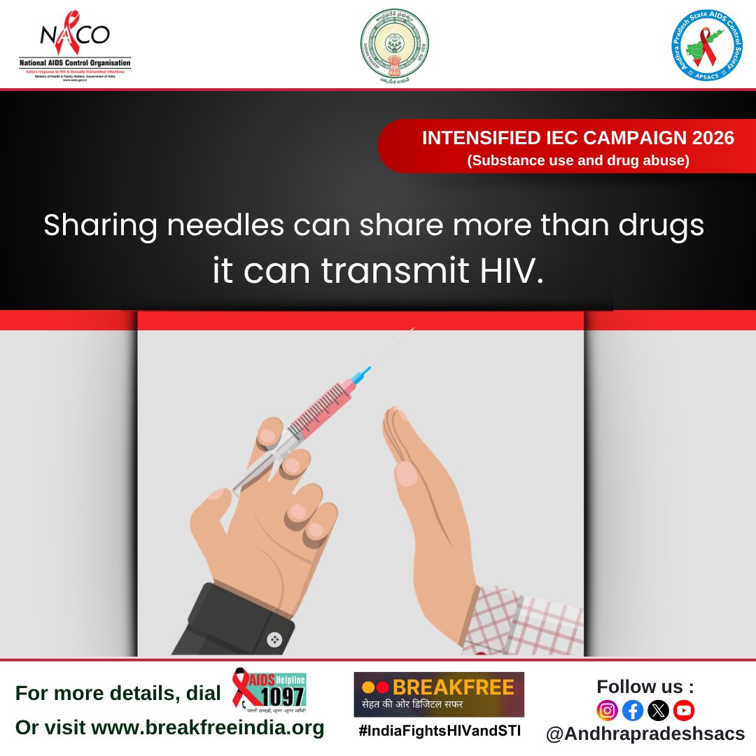 APSACS2020's tweet photo. 💉 Sharing Needles Can Share More Than Drugs — It Can Transmit HIV.
#IndiaFightsHIVandSTI #APSACS #NeverShareNeedles #HIVPrevention #HIVAwareness #DrugUseAwareness #SubstanceUseAwareness #SafeChoices #KnowYourRisk #SayNoToDrugs #BreakFreeIndia #IntensifiedIECCampaign2026 https://t.co/XUrnsvV3gE