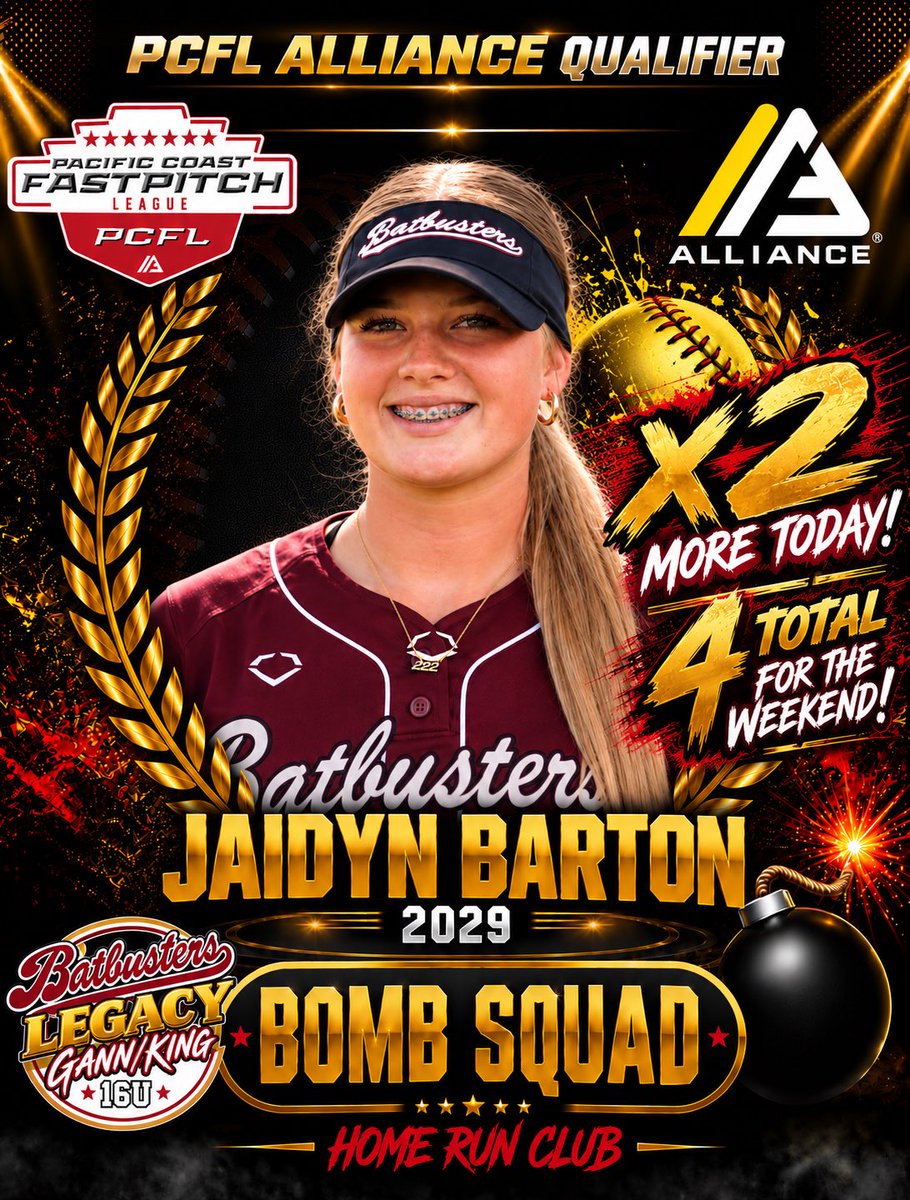 BBLegacyGK's tweet photo. 💣💣 JAIDYN BARTON IS ON FIRE! 🔥🔥

2029 Jaidyn Barton launched 2 MORE home runs today, giving her 4 BOMBS on the weekend! 🤯💥

WALK-OFF 2-RUN BOMB to get the W! 

4 HRs. One weekend. Walk-off winner.

LET’S GOOOOO!!! 💣

#batbusterslegacy #AllianceFastpitch #loudbarrels https://t.co/s1okXx2bWR