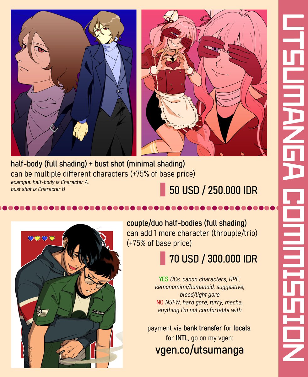 utsumanga's tweet photo. my cms for this half-body + bust style are open! as well as couple/duo halfbodies~ (you can request to make it a throuple/trio!)

if you're 🇮🇩, just dm me! for international clients, please visit my vgen! (help me get verified on there too 🙏)

https://t.co/oXHygNE3U1

#VGenComm https://t.co/TsDXXmAqDC