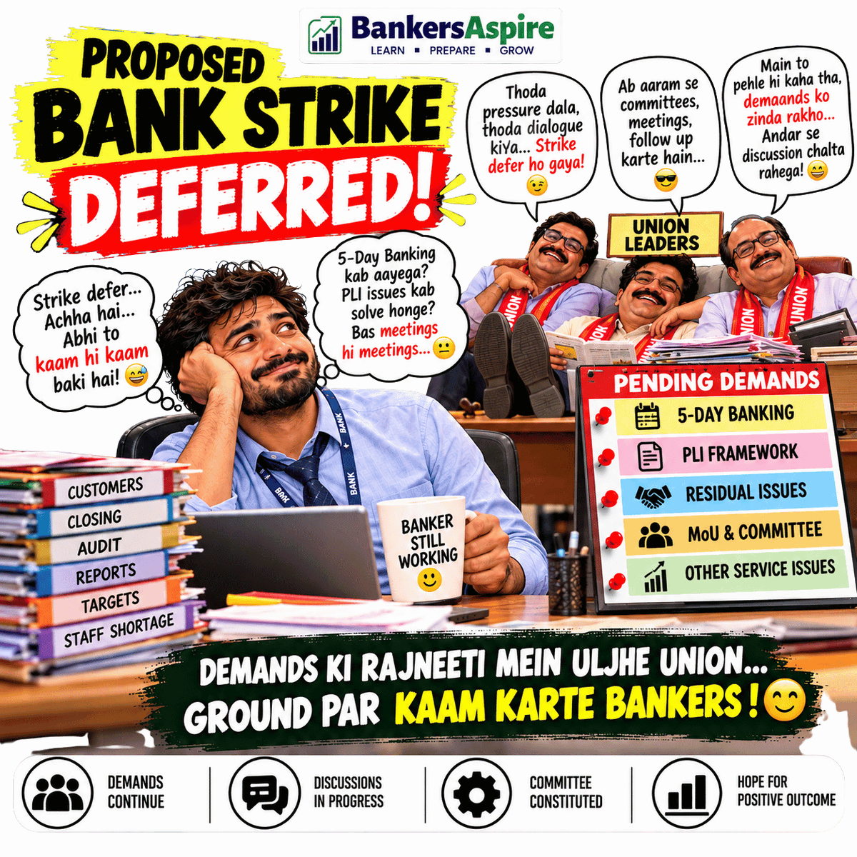 bankersaspire's tweet photo. STRIKE DEFERRED… PAR BANKERS KE QUESTIONS ABHI BHI PENDING! 😅
#BankStrike #BankStrike2026 #StrikeDeferred #FiveDayBanking #5DayBanking #Bankers #BankEmployees #BankingNews #BankingUpdates #BankingIndustry #UFBU #PLI #BankersAspire #BankingReality #BankingHumour https://t.co/NwHJw7phv9