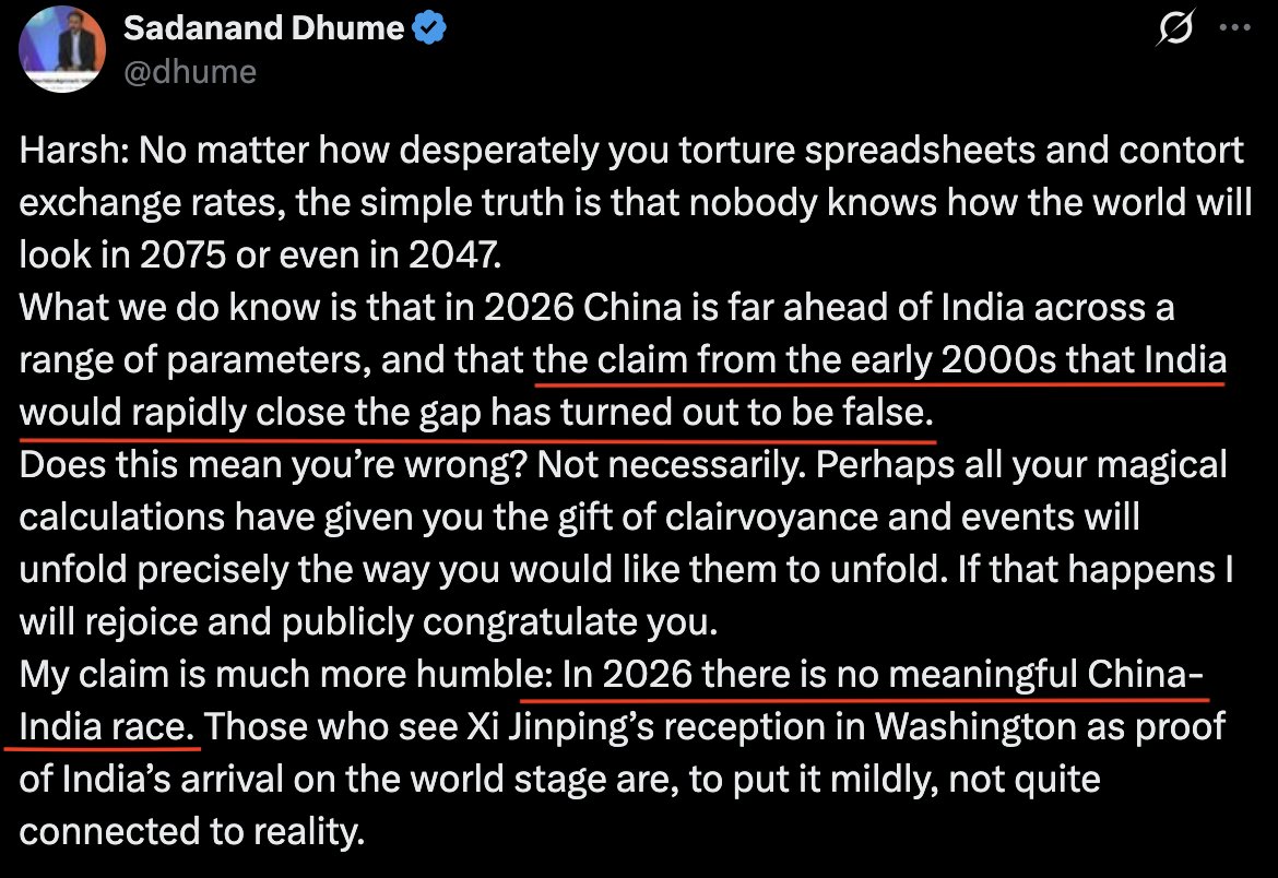 aravind's tweet photo. Agree with the first sentence. But that's because India isn't a dictatorship like China, where:

- reforms and development get steamrolled through, 
- protests get literally crushed with tanks, 
- merit actually gets rewarded, 
- and their journalists sell China to the world with polished news packaging.

They don't spend every day tearing their own country down with propaganda, mockery, and nonstop pessimistic coverage the way some Indians do. 

If they tried, the state would crush them too. Even hunt them in the US and the West. Why don't people like you ever talk about this?

Because, as Trump put it, the media like WSJ have become the "China Street Journal." A lot of Western reporters have become sell-outs to the CCP literally or ideologically, pushing narratives that puff China up while pulling India and the West down.

Now imagine India suddenly becoming a dictatorship and Modi getting Xi-like powers: 

He doesn't need to win elections, can purge anyone, squash protests like cakes, ban foreign-media and social-media, feed Indians only positive news every day, pass reforms with zero pushback, make everything merit based, and build industrial capacity to hack, steal, obtain tech from the west.

I can assure you India will close the gap with China in just ten years. And who would be the first in line to cry, protest, and petition the world writing articles about it every single day?

People like you.

Now, this is where I disagree with the second sentence. There's actually meaningful race between India and China in 2026. A race that China seems afraid of and is activating every resource to stop asap. 

Because 2026 marks the year where China has continuously lagged India for a decade in growth (except the years of Wuhan virus, a word which people like you will never utter), and India is rapidly expanding infra, industrial and manufacturing capacity to catch up with China.