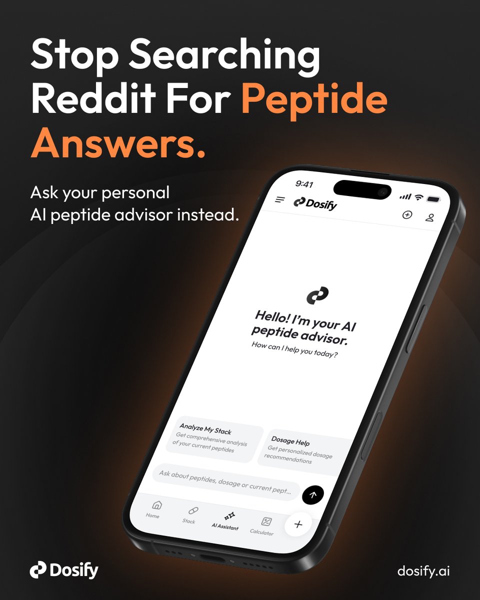 Dosifyai's tweet photo. Still asking Reddit for peptide advice? 👀

There’s a faster way.

Meet Dosify—your AI assistant for peptides. Get clear answers on GLP-1s, dosing, peptide mechanisms, FDA information, research, and more. No endless scrolling. No confusing threads. Just ask.

🧬 Download Dosify https://t.co/5nXydE9kGw