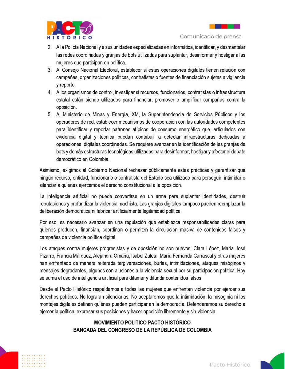 ckevingomez's tweet photo. El uso de Inteligencia Artificial para fabricar falsedades y perseguir a las mujeres de la oposición es la expresión más cobarde del fascismo digital. Según @cuestion_p se lograron identificar 5.001 publicaciones desde 3.626 de baja autenticidad en apenas una 5 horas, publicaciones que refuerzan el relato de “firmes por la patria” y atacan directamente al progresismo. 

Toda nuestra solidaridad con nuestras compañeras congresistas @ISAZULETA y @MafeCarrascal tras los recientes ataques de estas bodegas, las mismas que fraguaron el fraude electoral en las presidenciales y hoy desde manera sistemática buscan desarrollar el odio en la sociedad colombiana. 

Desde el Senado respaldamos el proyecto de ley de @AlejoToroAnt para frenar el uso con fines criminales de estas tecnologías y su regulación absoluta. A los financiadores de estas granjas de bots les recordamos que la suplantación por IA tiene cárcel.