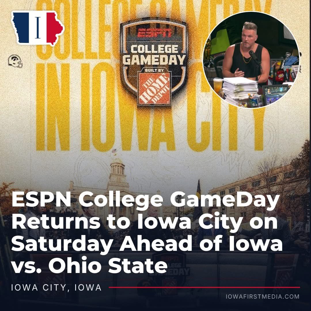 IowaFirstMedia's tweet photo. IOWA CITY, Iowa – ESPN’s College GameDay broadcast is coming back to Iowa City for the first time in 20 years, and it took a last-second punch to Michigan’s face to get them here. 

ESPN announced Sunday that Rece Davis, Kirk Herbstreit, Desmond Howard, Pat McAfee, Nick Saban, and the rest of the crew will set up on campus Saturday morning from 8 to 11 AM CT before #17 Iowa hosts #7 Ohio State at a sold-out Kinnick Stadium. Kickoff will be at 2:30 PM CT on CBS. The last time College GameDay rolled into town was September 30, 2006, also against Ohio State, and the Buckeyes won 38-17. 

This time, the Hawkeyes are 4-0 and 1-0 in the Big Ten after Hank Brown hit Reece Vander Zee for a 16-yard touchdown as time expired in Ann Arbor, a 20-19 walk-off and Iowa’s first road win over a ranked opponent since 2015. The last walk-off touchdown was Ricky Stanzi to Marvin McNutt in 2009. GameDay’s official account said they could not miss it. The location of where they will set up shop has not yet been announced.

Ohio State walks into this game as the ranked visitor that already dropped one game on the road to Texas, and now has to play an undefeated Iowa team that just stole a game at The Big House. Now, the national broadcast skips 4 straight SEC campuses to stand in Iowa City for a Black and Gold Spirit Game and Kinnick’s 32nd straight sellout. 

No overnight camping, show up early, and wear the color on your ticket. This is a huge deal for this state of Iowa, and it is exactly what both of these programs deserve.

Business inquiries, corrections, story leads, or contributor requests? Email us at newsroom@iowafirstmedia.com.

Photo: @hawkeyefootball via Instagram