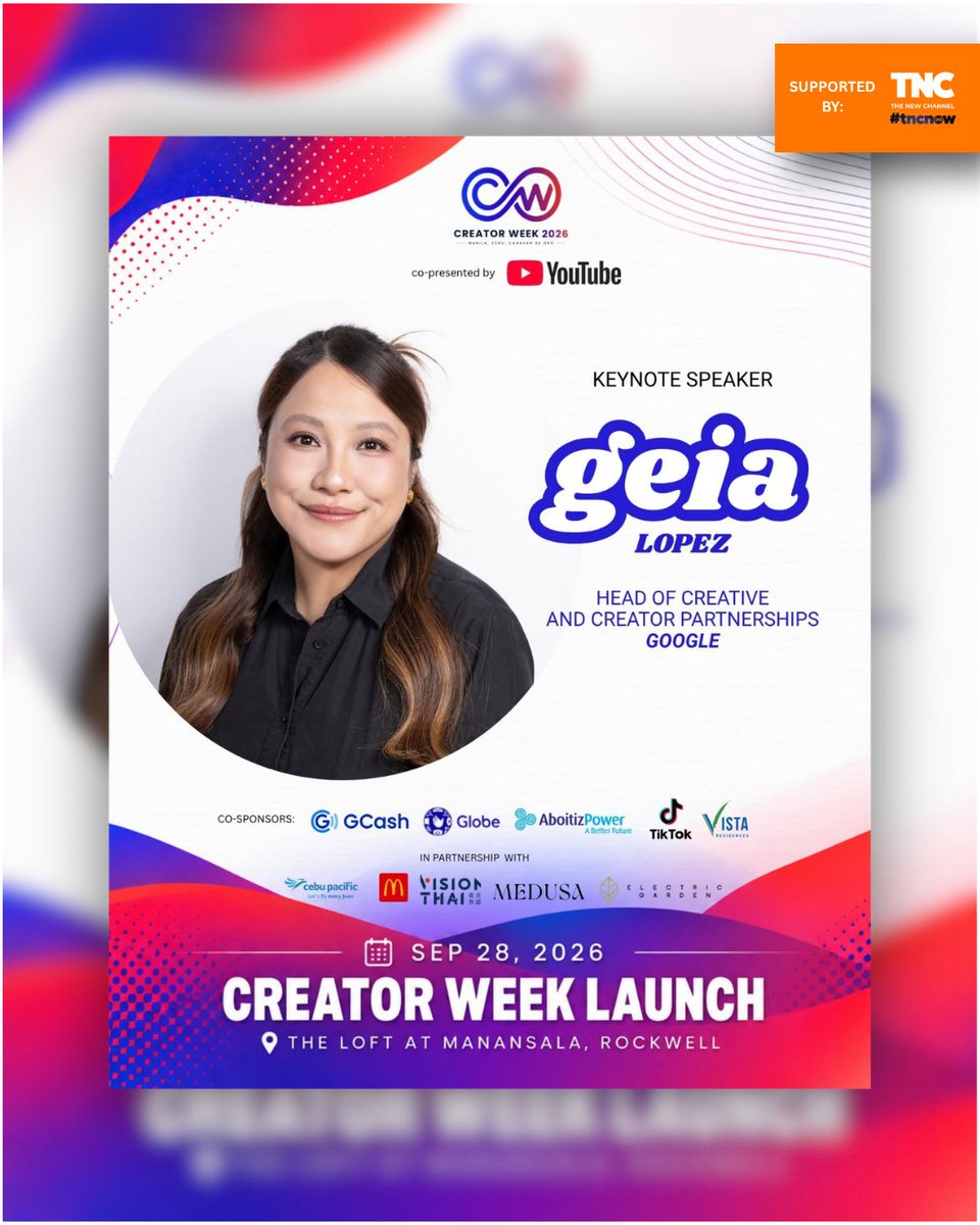 tnc_now's tweet photo. π₯β¨ Creator Week 2026 brings together creators, platforms & industry leaders shaping the Philippine creator economy.
Featuring Geia Lopez, Robi Domingo, Abi Marquez & the Chinito Walkers.
π
Sept. 28 | π The Loft at Manansala, Rockwell
#CreatorWeek2026 #onTNC #TNCNow https://t.co/5tUDxZVyBM